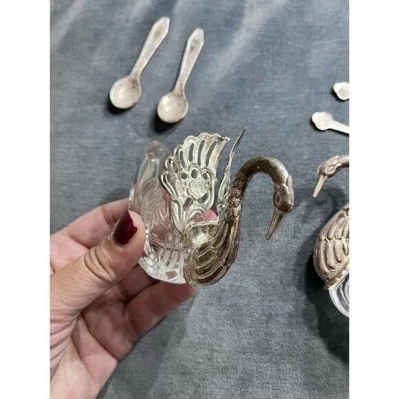 Pair of 3" Large Vtg Germany Silver & Crystal Swan Master Salt Cellars w/Spoons - Picture 6 of 16